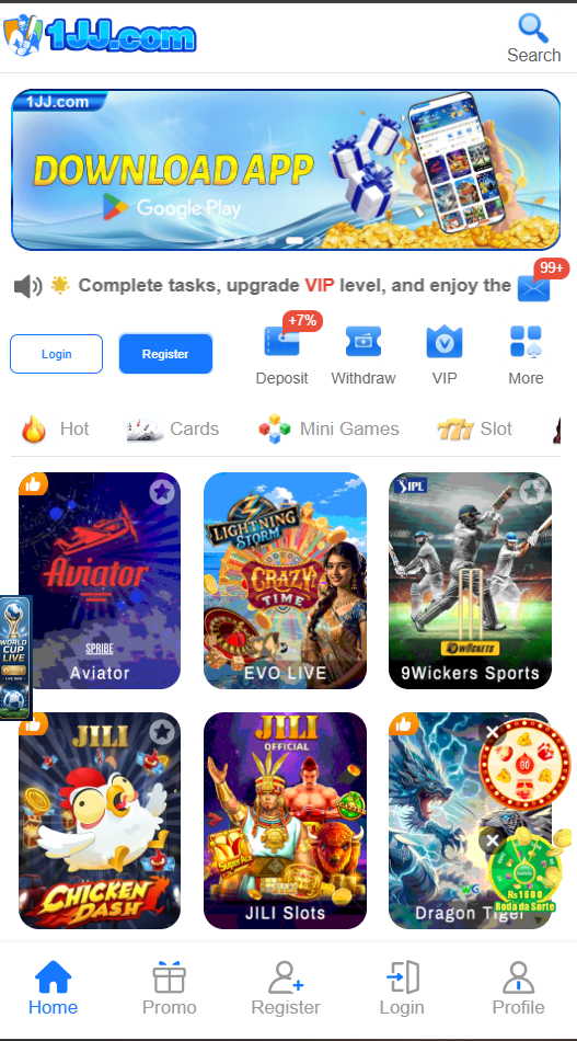 1JJ app home screen — 1JJ Game slots on mobile